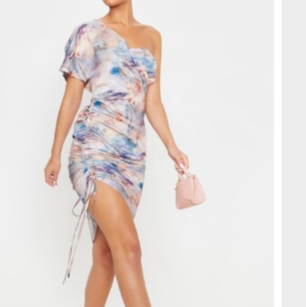Multi Renaissance Print One Shoulders Ruched Dress